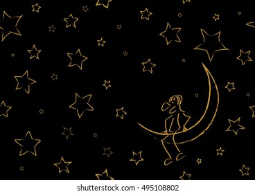 Abstract seamless pattern with gold stars and moon. Vector illustration. Man on the moon. 