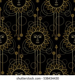 Abstract seamless pattern with gold sun and geometric elements on black background. Modern wallpaper.