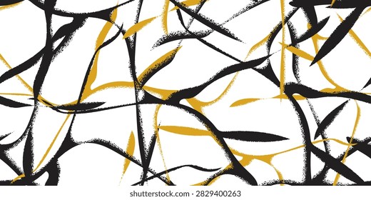 Abstract seamless pattern with gold-and-black wavy line graphics. Chaotic fluid flow brush stroke design with distressed grunge texture overlay background.