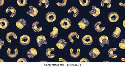 Abstract seamless pattern of golden 3D objects with ornaments