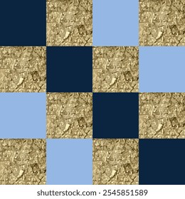 Abstract seamless pattern with golden and blue squares. Vector illustration