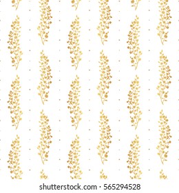Abstract seamless pattern. Golden branches with leaves and flowers. White background. Can be used for banners, gift wrap, cards, invitations design...