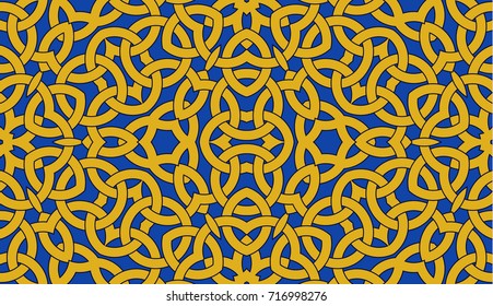 Abstract seamless pattern with golden celtic knot ornament on blue, background