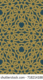 Abstract seamless pattern with golden celtic knot ornament on teal background