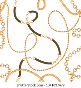 Abstract seamless pattern with golden chains and belts. Trendy luxury print for textile, scarf, silk shawls, lingerie, wrapping and cravat design. Vector illustration on white background. 