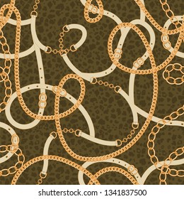 Abstract seamless pattern with golden chains, belts and leopard skin. Trendy print for textile, scarf, silk shawls, lingerie, wrapping and cravat design. Vector illustration on khaki background. 