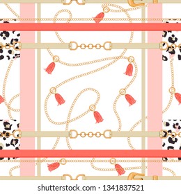 Abstract seamless pattern with golden chains, belts, tassels and leopard skin. Colorful fashion print for textile, scarf, silk shawls and cravat design. Vector illustration on white background. 