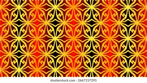 Abstrato padrão sem emenda com formas geométricas florais douradas sobre fundo vermelho fogo.