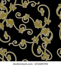 Abstract seamless pattern with golden floral motifs on a black background