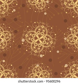 Resumen de un patrón impecable con floral dorada sobre fondo marrón. Ilustración vectorial.