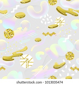 Abstract Seamless Pattern with Golden Glitter Elements. Futuristic Background with Fluid Molecular Shapes for Poster, Cover, Banner. Vector illustration