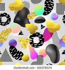 Abstract Seamless Pattern with Golden Glitter Elements. Futuristic Background with Fluid Molecular Shapes for Poster, Cover, Banner. Vector illustration