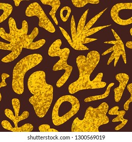 Abstract seamless pattern with golden patches, shapes and tropical leaves on dark background. Modern vector illustration in flat style for wrapping paper, wallpaper, backdrop, print