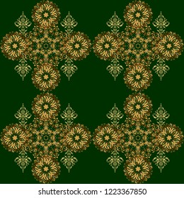 Abstract seamless pattern with golden repeating elements on green background. Vintage green and golden pattern. Oriental vector classic pattern.