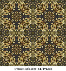 Abstract seamless pattern with golden repeating elements on gray background. Vintage gray and golden pattern. Oriental vector classic pattern.