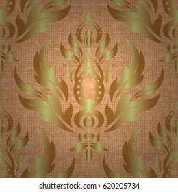Abstract seamless pattern with golden repeating elements on brown background. Vintage brown and golden pattern. Oriental vector classic pattern.