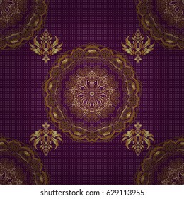 Abstract seamless pattern with golden repeating elements on purple background. Vintage purple and golden pattern. Oriental vector classic pattern.