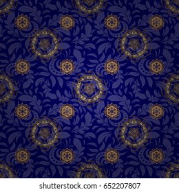 Abstract seamless pattern with golden repeating elements on blue background. Vintage blue and golden pattern. Oriental vector classic pattern.