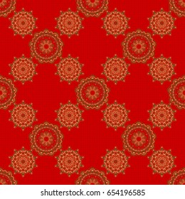 Abstract seamless pattern with golden repeating elements on red background. Vintage red and golden pattern. Oriental vector classic pattern.
