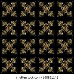 Abstract seamless pattern with golden repeating elements on black background. Vintage black and golden pattern. Oriental vector classic pattern.