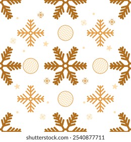 Abstract Seamless Pattern Golden Snowflakes and ornamented bauble for Christmas and New Year. texture clothing scarf decoration