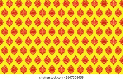 Abstract seamless pattern with golden stars and red floral elements on vintage decorative background