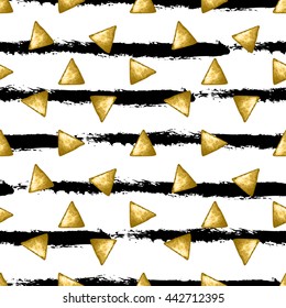 Abstract seamless pattern with golden triangles, design element. Can be used for invitations, greeting cards, scrapbooking, print, gift wrap, manufacturing. Stripe background