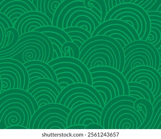 Abstract seamless pattern with golden waves on green background. Festive wrapping paper, textile, print. Chinese New Year, Tet, Lunar New Year.