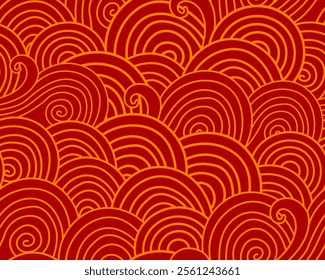 Abstract seamless pattern with golden waves on red background. Festive wrapping paper, textile, print. Chinese New Year, Tet, Lunar New Year.