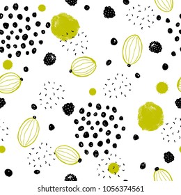 Abstract seamless pattern with gooseberries and dots. Vector illustration green and black colors on white background.