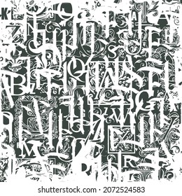 Abstract seamless pattern with gothic capital letters and hand-drawn initial letters in grunge style. Monochrome vector background, repeatable aged texture. Vintage wallpaper, wrapping paper or fabric