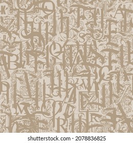 Abstract seamless pattern with gothic Latin letters and hand-drawn initial letters on a beige backdrop. Monochrome vector background in grunge style. Suitable for wallpaper, wrapping paper or fabric