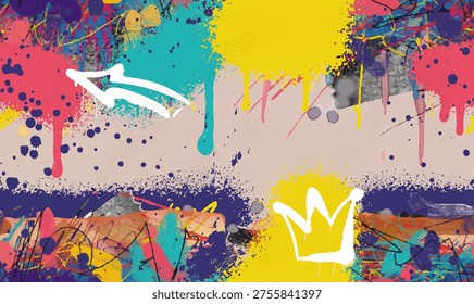 Abstract seamless pattern graffiti art. Decorative vector arrow, colored spray in graffiti styles background. Graffiti pop art background on the wall abstract vector colorful pattern wallpaper art.