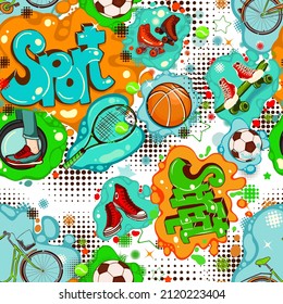 Abstract Seamless pattern graffiti street sport, wrapping paper. Comics repeated ornament. Vector illustration