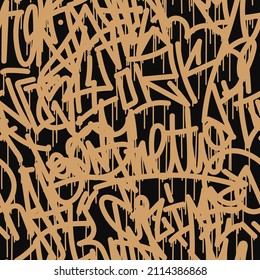 Abstract seamless pattern in graffiti style isolated on black. Graffiti tags with smudges and drops. Street art texture. Use for poster, t-shirt design, textile, wrapping paper. Vector illustration