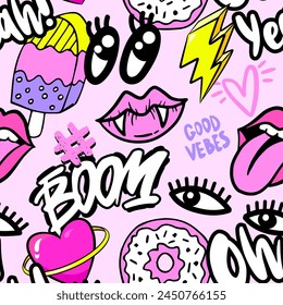 Abstract seamless pattern with graffiti words stickers on retro style. Cool colorful background. Wallpaper for teen girl