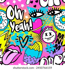 Abstract seamless pattern with graffiti words stickers on retro style. Cool colorful background. Wallpaper for teen girl