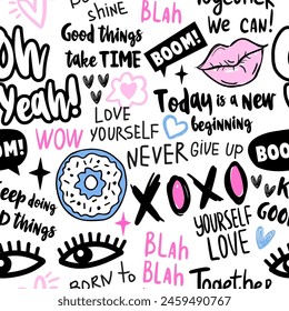 Abstract seamless pattern with graffiti words and cool stickers on retro style. Cool colorful background. Wallpaper for teen girl