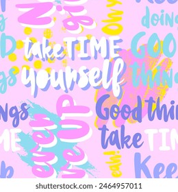 Abstract seamless pattern with graffiti words. Cool colorful pastel background. Wallpaper for teen girl