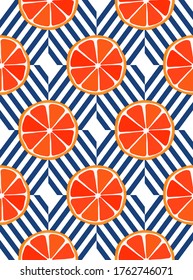Abstract seamless pattern of grapefruits on geometric stripes. Tropical abstract geometric background. Vector illustration. Vector bright printing for fabric, Wallpaper.