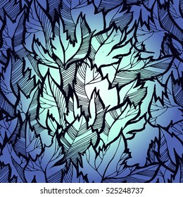 Abstract seamless pattern with graphic images, autumn leaf texture. Hand drawing. Vector illustration. Black outline. Gradient color transition. The blue color scheme.