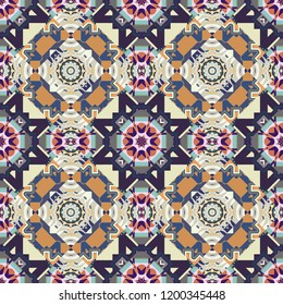 Abstract seamless pattern in gray, blue and beige colors. Square scraps in oriental style. Ideal for printing on fabric or paper. Vector illustration.