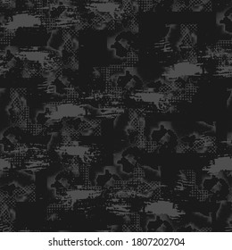abstraktes nahtloses Muster mit grauer Grunge-Textur.  Geometrische Elemente, Schellen auf schwarzem Hintergrund.