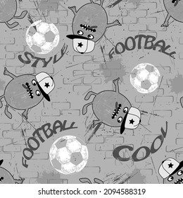 Abstract seamless pattern with gray monsters, ball, bricks and text