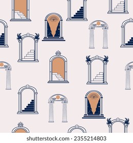 Abstract seamless pattern with Greek ancient arch. Minimal line art and hand drawn illustrations. Editable vector illustration