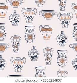 Abstract seamless pattern with Greek ancient vase. Minimal line art and hand drawn illustrations. Editable vector illustration