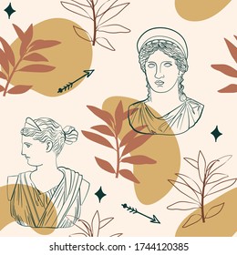 Abstract seamless pattern of greek  sculpture line drawing,organic shapes and  leaves. Vector Illustration inspired by antiquity civilizations.