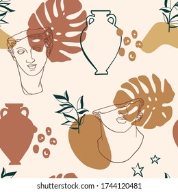 Abstract seamless pattern of Greek  sculpture head line drawing,organic shapes, Vases and  leaves. Vector Illustration inspired by antiquity civilizations.