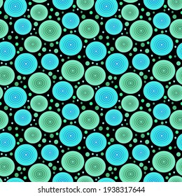 Resumen de un patrón sin fisuras con burbujas de agua de círculo verde y azul sobre fondo negro. Atractivo adorno para decoración o impresión textil.