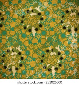 Abstract seamless pattern of green and blue flowers on a faded paper